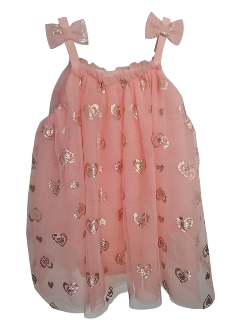 Baby Starters Peach Dress Gold Heart Print Bow Straps Tulle Onesie Size 9 Months
